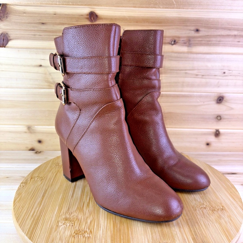 Nine West Boots Womens 7.5M Nogettuff Brown Leather Double Buckle Ankle Bootie